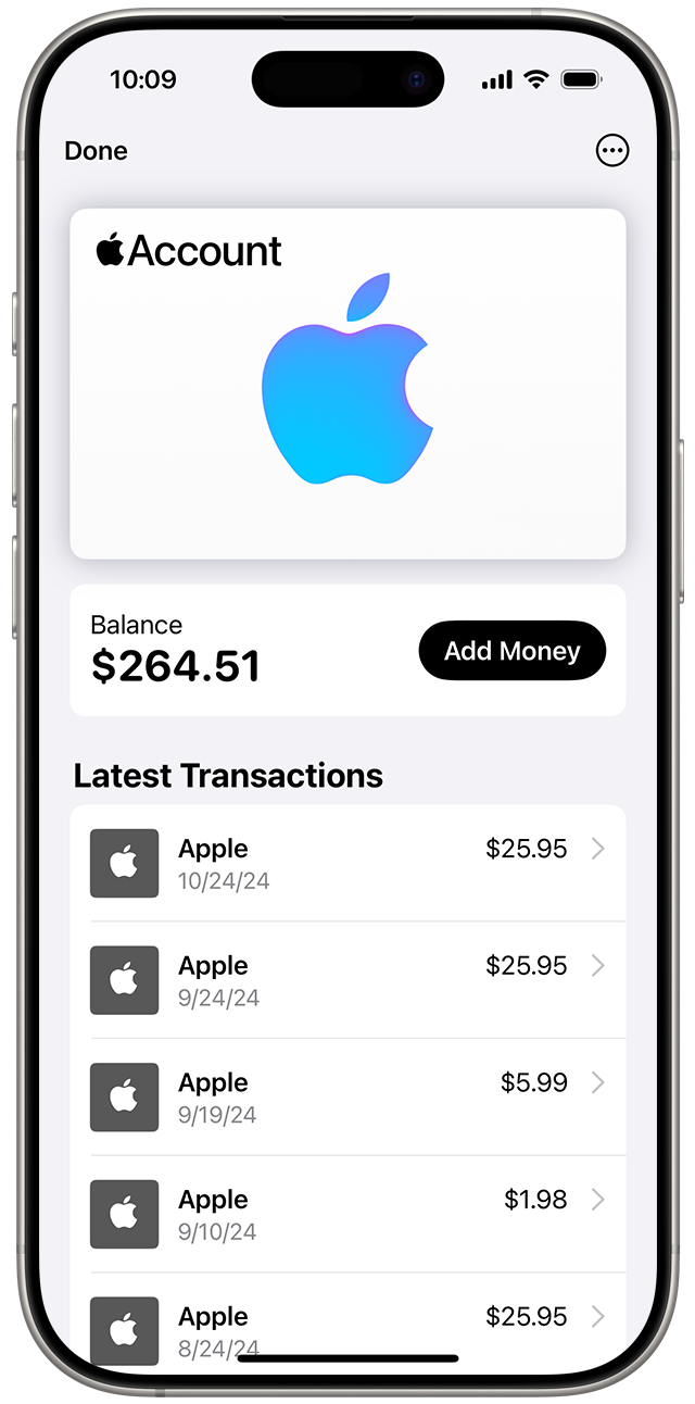 在iPhone或Apple Watch钱包中查看Apple账户余额购买项目及交易记录