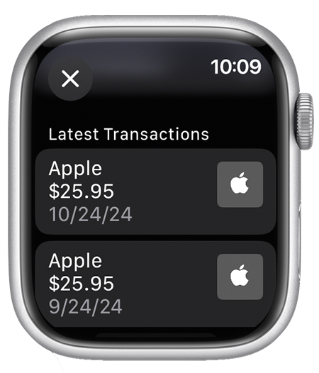 Apple Watch 显示了“钱包”App，以及 Apple 账户的“近期交易”。